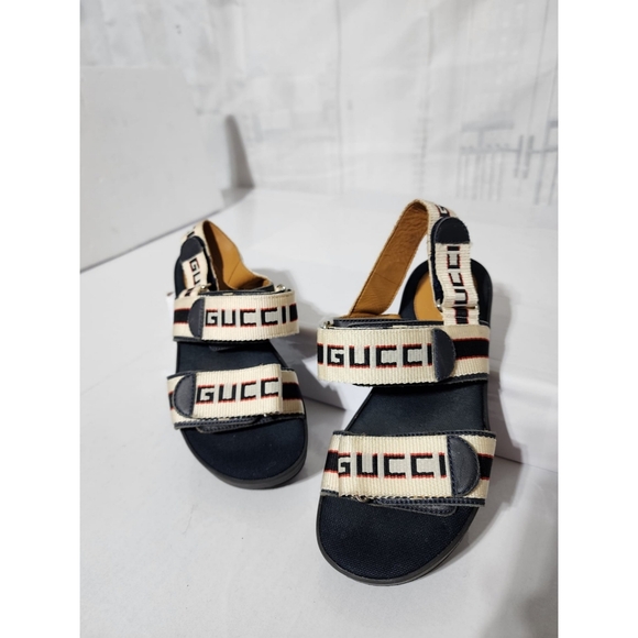 Gucci Stripe Logo Sandals Cream/Black Size 34 - Picture 1 of 14